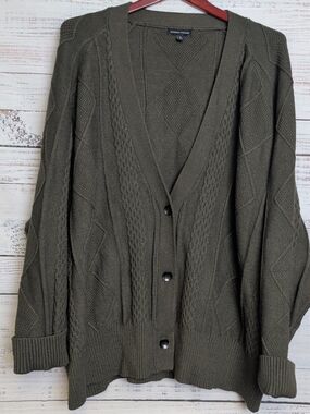 Universal Standard Cable Knit Button-Up Cardigan Grandpa Sweater Green Womens Lg